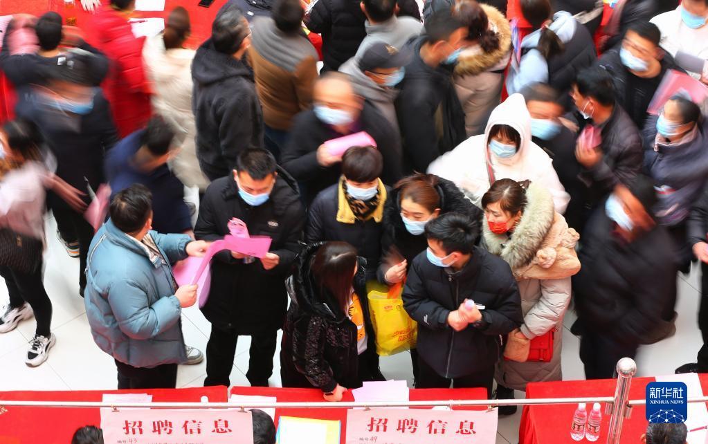 2022年2月19日,求职人员在山东省滕州市“春风送岗”春季人才招聘会上寻找就业岗位。新华社发(李志军摄)